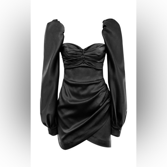 RARE HOUSE OF CB 'Cherie' Black Satin Puff Sleeve Dress NWOT - Picture 10 of 14